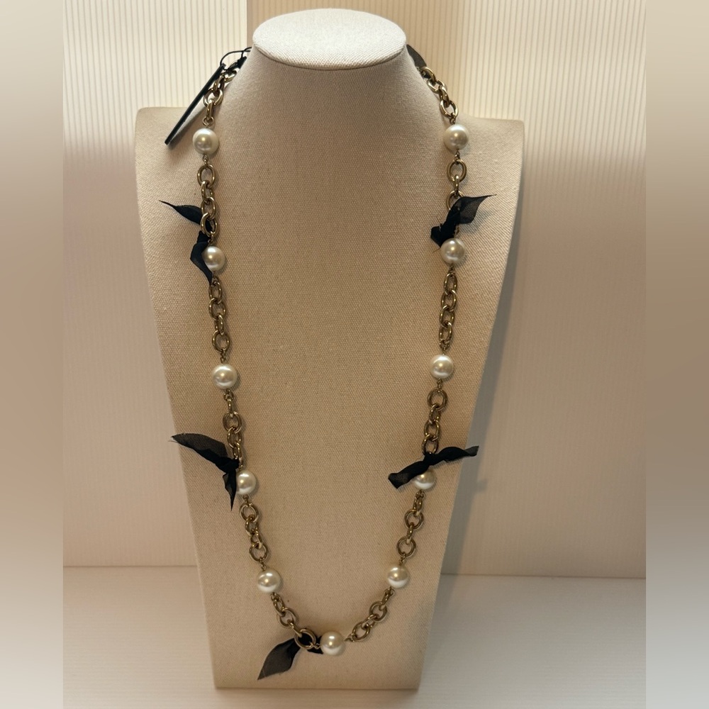 90’s Ann Taylor NWT Statement Necklace Chain Pearl Ribbon Heavy Chunky 33.5” L